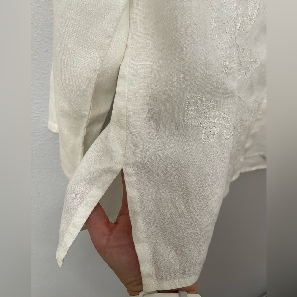Liz Claiborne Linen Button Down Embroidered Cream Blouse Size M - Picture 8 of 11